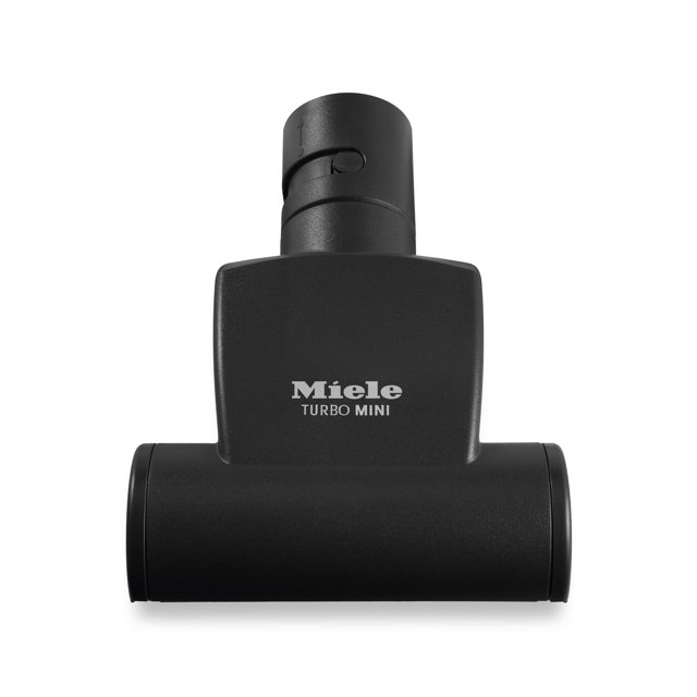 Miele Turbo Mini Turbo Brush STB 101, a compact handheld vacuum attachment for pet hair and lint removal, compatible with all Miele vacuum cleaners. The black brush features a wide 6-inch suction aperture, air-powered design, and cylindrical connector, ideal for upholstery and carpet cleaning.