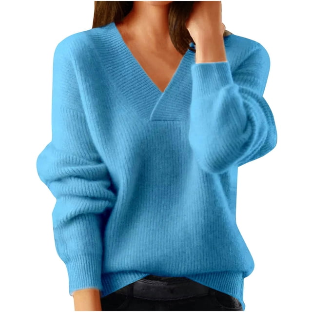 Timegard Hauts pour Femmes Manches Longues Col en V Tricot Confortable Chandail à Enfiler Automne Hiver Décontracté Ample Chaud Hauts