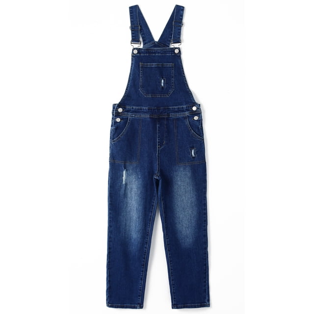 KIDSCOOL SPACE Little Boys Denim Overalls,Ripped Holes Elastic Band Inside Jeans Workwear,Blue,5-6 Years