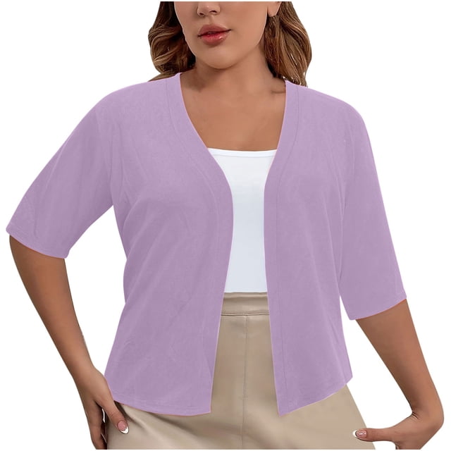 Women's Plus Size Cropped Cardigan Shrugs Short Sleeve Button Down Ribbed Knit Sweater Summer Kimono