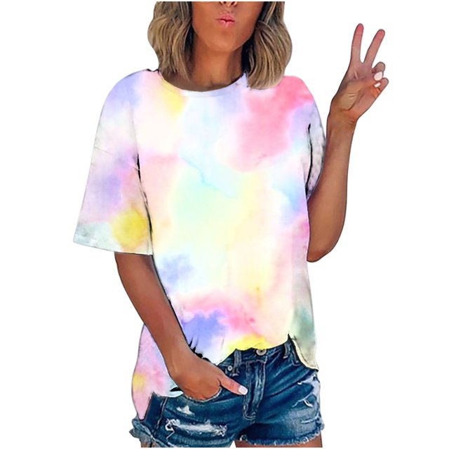 Pompotops T-shirt Imprimé Mode Femme Manches Courtes Chemisier Col Rond Casual Tops Dégagement
