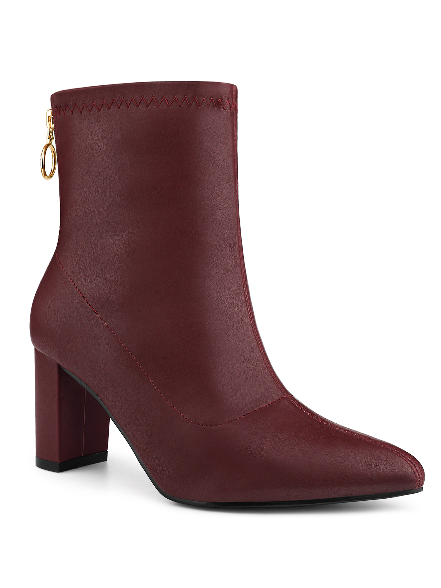 Unique Bargains Women's Pointy Toe Back Zip Block Heel Ankle Boots Burgundy (Size 7)