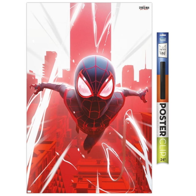 Marvel's Spider-Man: Miles Morales - Falling Wall Poster, 22.375" x 34" depicting Miles Morales in his black and red Spider-Man suit diving forward over a red cityscape with white light streaks, printed on glossy paper suitable for wall art and room decoration.