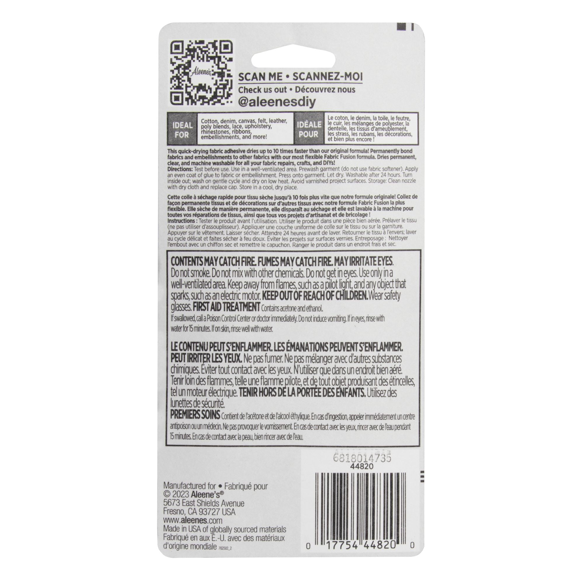 Adhésif Aleene’s Quick Dry Fabric Fusion, 44 ml – Colle permanente pour tissus à séchage rapide pour vêtements, denim, cuir et projets créatifs
