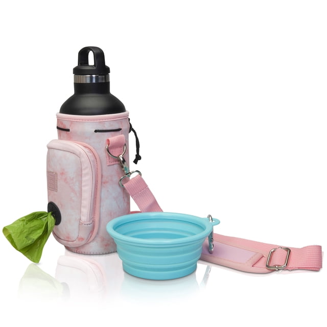 Made Easy Kit Water Bottle Carrier with Pocket for Dog Poop Waste Bags and Adjustable Padded Shoulder Strap