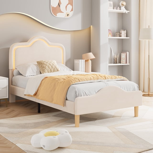 GloryStar LED Princess Bed Frame, Velvet Upholstered Kids/Girls Platform Bed with Adjustable Lighted Headboard & Footboard, Wooden Slats, No Box Spring Required
