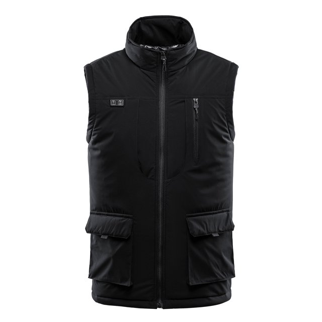 Heated Jacket for Men Smart 3 Heating Levels Heated Vest in black, designed for men's outerwear. Features a sleeveless design with a high collar, zippered front closure, and multiple pockets. Lightweight and electric-powered for warmth and comfort during outdoor activities, ideal for cold weather.