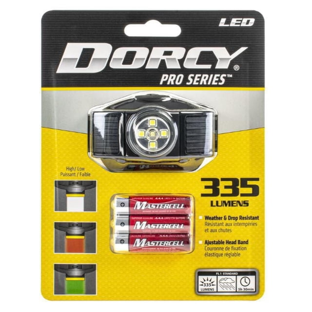 Dorcy Pro Series LED headlamp delivering 335 lumens with weather and drop resistance, adjustable elastic headband included along with three Mastercell AAA batteries.