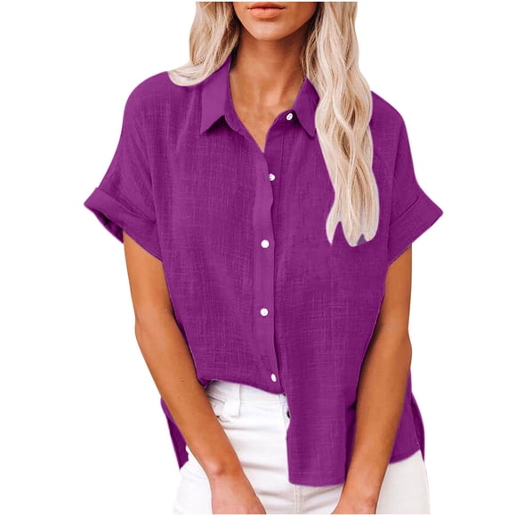 lcziwo Sales Today Clearance Women's Plus Linen Top,Womens Short Sleeve Button up Shirts Summer Cotton Linen Blouse V Neck Collared Tops Loose Casual Ladies Clothes Purple,XXL