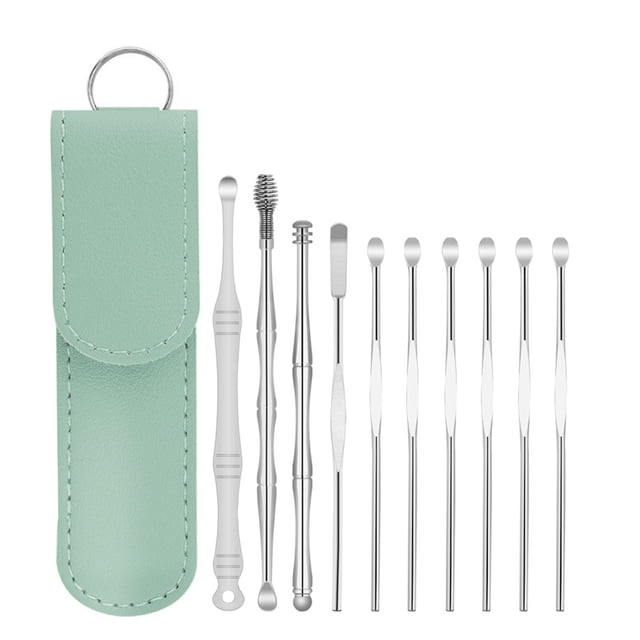 Graflsoa Compact Stainless Steel Ear Cleaning Kit with Mint Green PU Pouch, 10-Piece Set for Ear Hygiene, Silver Ear Scoops Included