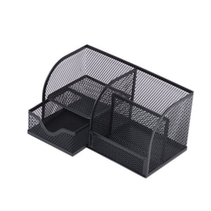 EGNMCR Office Storage & Organization Steel Mesh Desk Organizer, 4 Divided Compartments With 1 Slide Drawer, Black pen holder