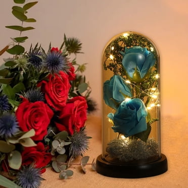 Yhmxh Valentines Day Party Favors Valentines Day Gifts Plastic Rose With LED Light Plastic Top Wooden Base For Valentine Day Wedding Anniversary Gift rose adornment