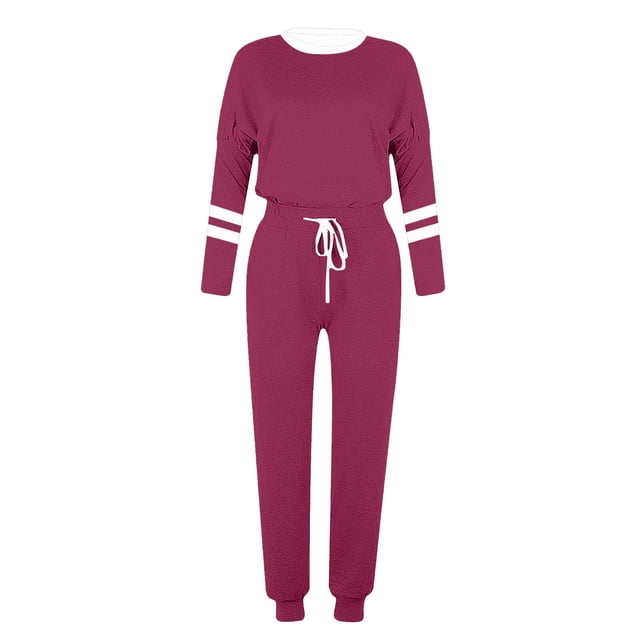 Moxiu Women's Long Sleeve Color Block Set - 2 Piece Spring Wide Leg Sweatpants Casual Sweat Set Purple,XL