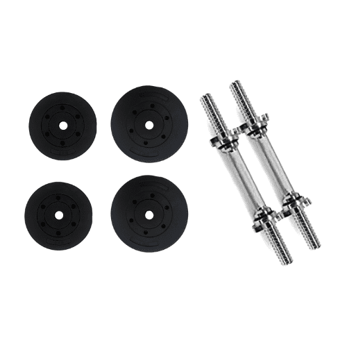 HAJEX Ensemble d'Haltères Ajustables avec 2 x 5 kg (11 lb), 2 x 7,5 kg (16,5 lb), 2 Barres d'Haltères Finition Chrome et 4 Colliers à Verrouillage Rotatif. Conçus pour l'Utilisation à la Maison en gym, les Barres Durables en Mélange Fer-Sable Sont Revêtues de PVC pour la Résistance à l'Usure, Tandis Que les Barres Moletées Assurent une Prise Sûre. Parfait pour des Exercices de Musculation Personnalisables et des Poids Ajustables.