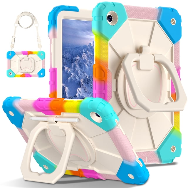 Étui Antichoc Rotatif pour Samsung Tab A9 8,7 Pouces - Étui Hybride en Silicone et PC à Couverture Complète avec Fonction Support, Design Embossé Résistant à l'Usure, Bleu Coloré, Comprend une Bandoulière -