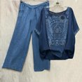 thumbnail image 1 of Ensembles d'Été Deux Pièces pour Femmes, T-Shirt à Col Rond Imprimé à Manches Courtes, Chandail à Enfiler, Hauts + Pantalon, Ensemble Deux Pièces en Liquidation, 1 of 3
