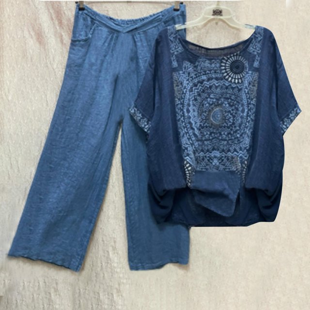 Ensembles d'Été Deux Pièces pour Femmes, T-Shirt à Col Rond Imprimé à Manches Courtes, Chandail à Enfiler, Hauts + Pantalon, Ensemble Deux Pièces en Liquidation