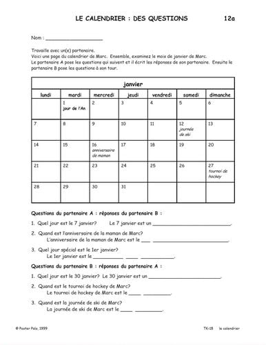 French Reproducible Teaching Activities for the FSL Classroom -le calendrier Think Kit
