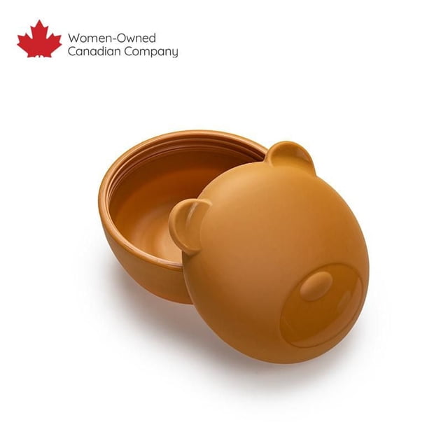 Silicone Animal Bowls with Lid featuring a brown bear-shaped lid and matching bowl made of BPA-free, food-grade silicone, airtight and leakproof for baby food storage, dishwasher and microwave safe, 8 fluid ounces (350 ml) capacity, suitable for toddlers and kids.