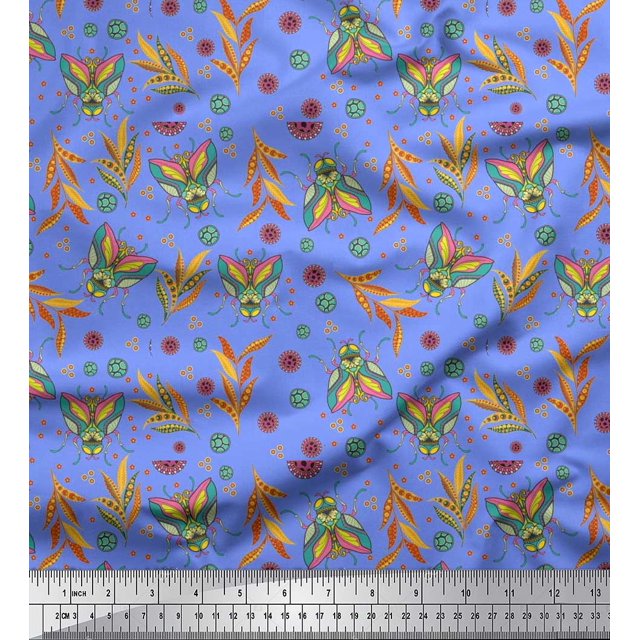 Soimoi Moss Georgette Fabric Leaves,Floral & Housefly Insects Printed Fabric 1 Yard 42 Inch Wide