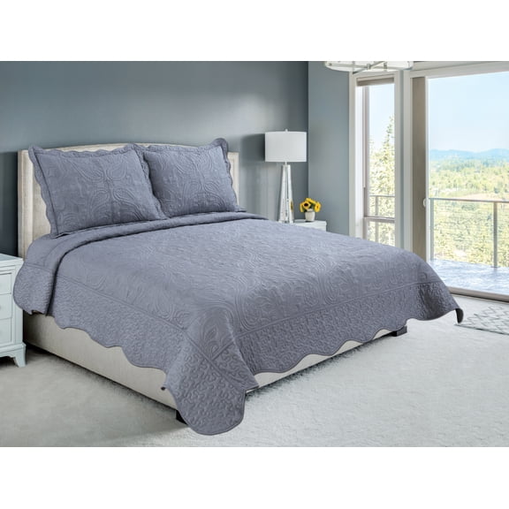 Couvre-lit Marina Decoration brodée, ensemble de literie ultra doux et uni, avec taie d'oreiller matelassée, motif cachemire floral gris