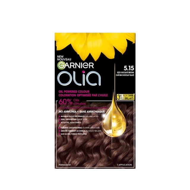 Olia Permanent Hair Dye Ammonia Free by Garnier in shade 5.15 Iced Chocolate Brown, oil-powered with 60% natural flower oils for vivid, long-lasting colour and 3X more shine, no ammonia, silicone-free vegan formula in a non-drip cream for home hair colouring.