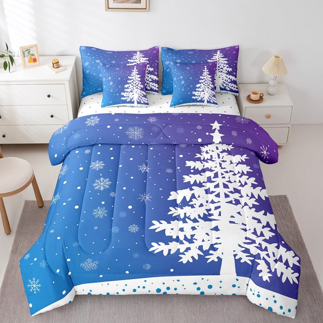 Christmas Bed In A Bag For Kids Girls,Ombre Gradient Bed Sheets Set,Christmas Snowflake Tree Bed Set,Winter Snow Queen Comforter Set 7 Piece,Blue Purple Bedding Comforter Sets,Soft 3 For All Season