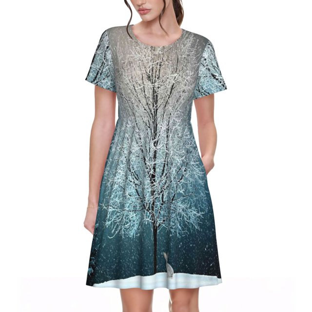 Bixox Women's Short Sleeve Summer Dress Loose Swing Knee Length Dresses with Pockets-Winter Rabbit