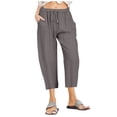 thumbnail image 1 of Women Casual Solid Cotton Linen Drawstring Elastic Waist Wide Leg Pants Cropped Trousers, 1 of 6