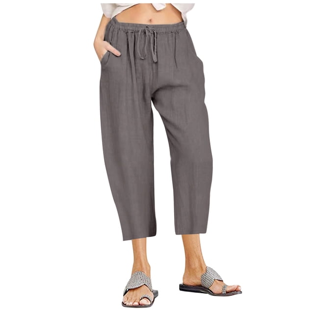 Women Casual Solid Cotton Linen Drawstring Elastic Waist Wide Leg Pants Cropped Trousers