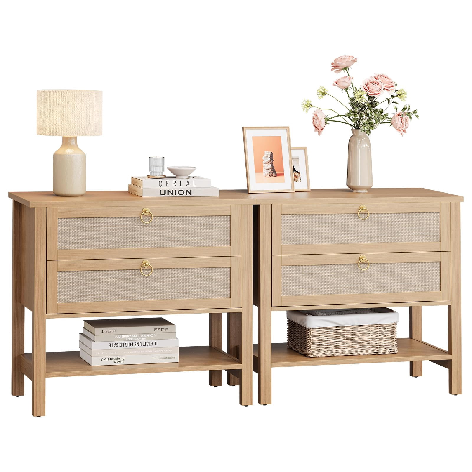 BeesClover Large Rattan Night Stand Set of 2, Boho Woven Bedside Tables with Drawers Storage Shelf, Mid Century Modern Nightstand, Wood Large Bedside Table for Bedroom Living Room