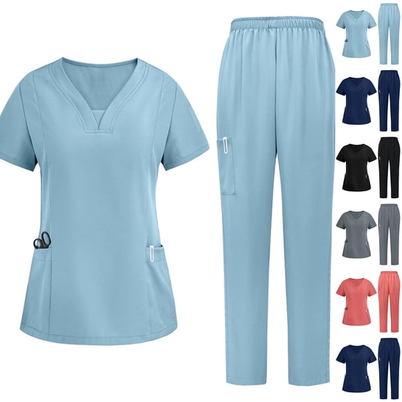 Clearance Horkkom Nurse Uniforms Women Set Solid Color Comfy Nursing Scrubs Sets Short Sleeve V Neck with Pockets Elastic Waist Long Pants Scrubs Sets Orange M