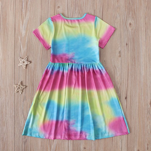 EGNMCR Robe Sans Manches Col Rond Été Filles Manches Courtes Motif Teinture sur Nœuds Robe Col Rond Robe Fille