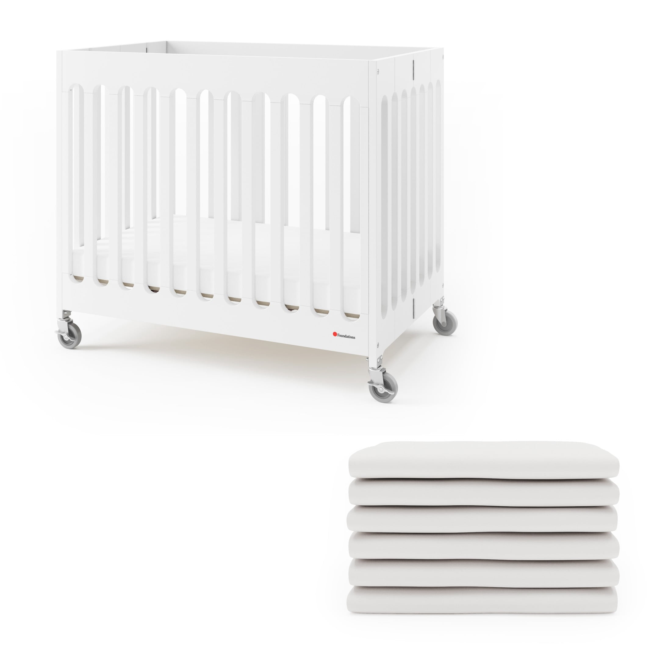 Foundations Boutique Folding Hotel Crib and Sheet Bundle - Includes Wooden Mini Crib with 3" Foam Mattress (White) and 6-Pack White Fitted Compact Crib Sheets