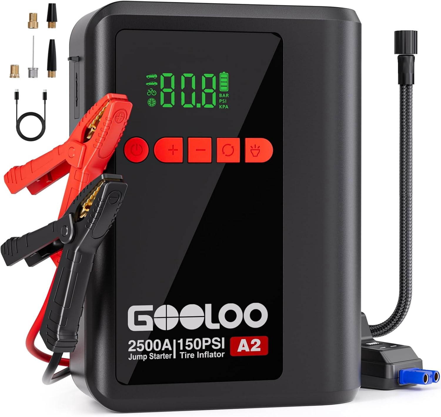 GOOLOO A2 8-in-1 Jump Starter with Air Compressor, Car Battery Booster (Up to 8L Gas/6L Diesel) 150 PSI Cordless Auto-Shutoff Tire Inflator, 12V Supersafe Lithium Jump Box with Jumper Cables