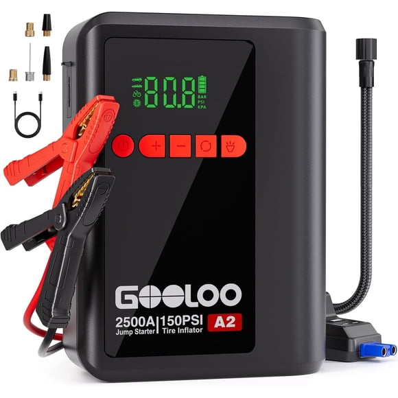GOOLOO A2 8-in-1 Jump Starter with Air Compressor, Car Battery Booster (Up to 8L Gas/6L Diesel) 150 PSI Cordless Auto-Shutoff Tire Inflator, 12V Supersafe Lithium Jump Box with Jumper Cables