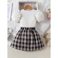 thumbnail image 3 of Honganda 1-6Y Toddler Girl Summer 2Pcs Outfit Solid Ribbed Bubble Short Sleeve Tops with Plaid Print A-Line Skirt Set, 3 of 9