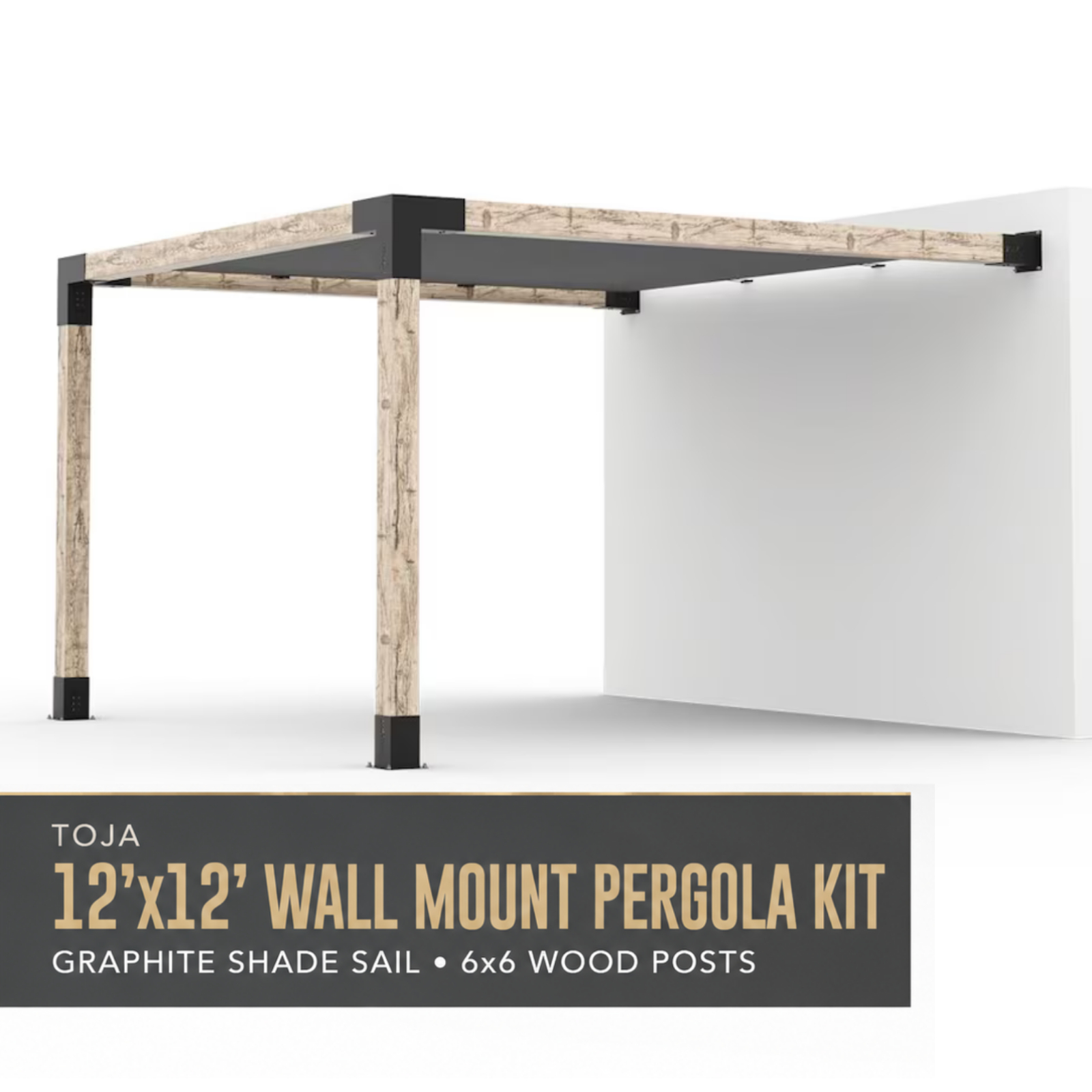Kit de pergola murale Toja 10'x12' avec voile d’ombre en graphite pour poteaux en bois 6x6