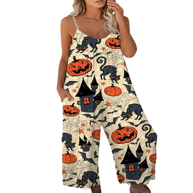 MesaSe Halloween Combinaisons Imprimées Citrouille Bat pour Femmes Combinaisons Amples avec Poches