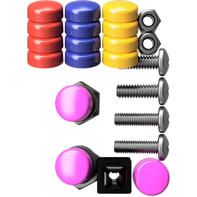 Cruiser Accessories Capuchons de Fixation de Plaque d'Immatriculation Colorés, Trousse de Montage Comprenant des Piles de Capuchons de Fixation Ronds Rouges, Bleus, Jaunes et Roses avec Vis en Acier, Écrous, Retenues en Plastique et Attaches à Hochet Brevetées Conçues pour Fixer les Plaques d'Immatriculation et Prévenir les Hochets, Disposées sur un Fond Blanc.