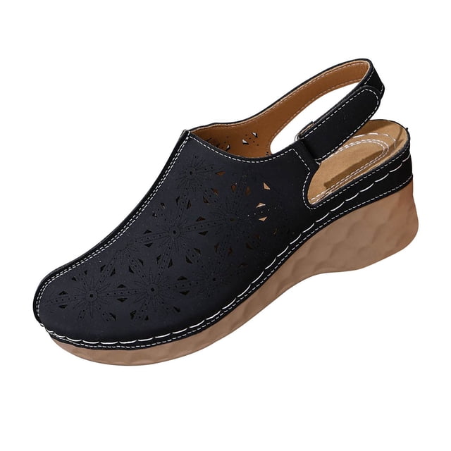 WLOELOEW Black Platform Sandals For Women Hollow Out Design Adjustable Strap Pu Material Foot Length 9.06 Inches Us Size 5.5