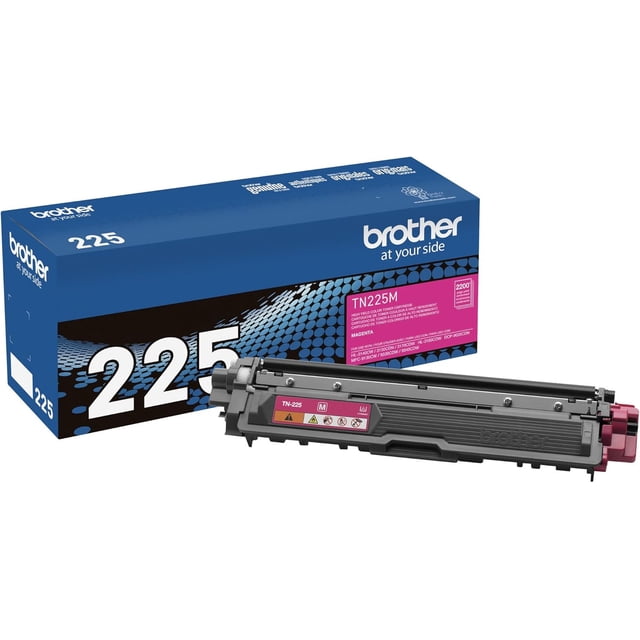 Brother TN225M Cartouche de toner magenta avec Boîtier en Plastique Gris et Embout magenta, Montrée avec Sa Boîte Bleue et Noire Étiquetée 225 et TN225M. Cette Cartouche de toner laser à Rendement Élevé Imprime Environ 2200 pages et Est compatible avec Certaines Imprimantes laser Brother, Y Compris HL-3140CW et HL-3170CDW.
