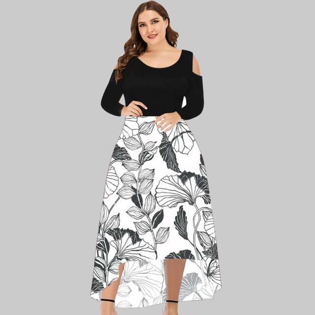 LSLJS Plus Size Women Sexy Col Rond hors Épaule Floral Imprimé Sans Bretelles Gradient Épissage Pull Manches Longues Ourlet Irrégulier, Robes de Cocktail Soirée for Women
