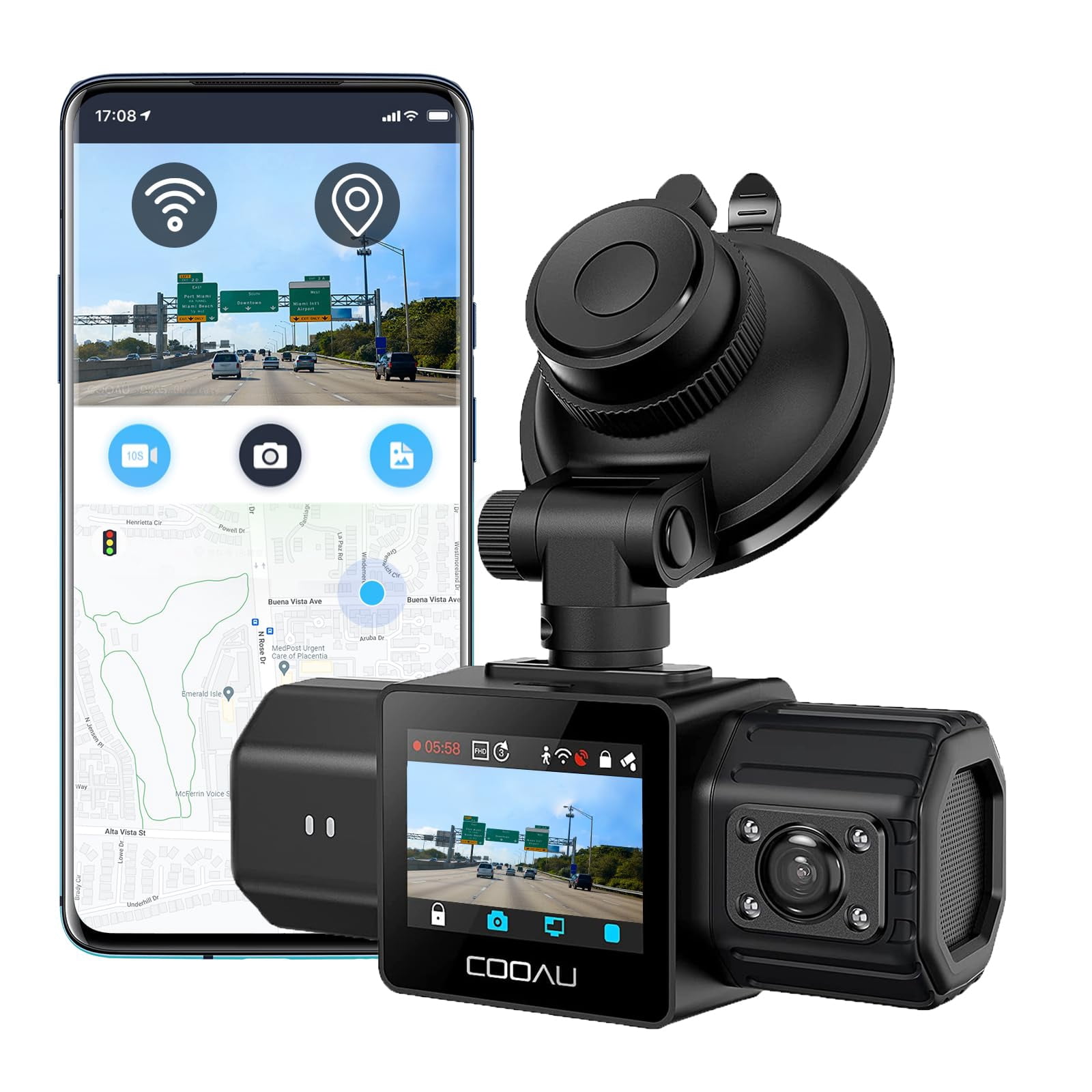 COOAU Dual Dash Cam 2.5K+1080P, Dash Cam Front and Inside, Built-in GPS and WI-FI, Dash Camera for Cars, Perfect for Uber and Taxi Drivers, Night Vis