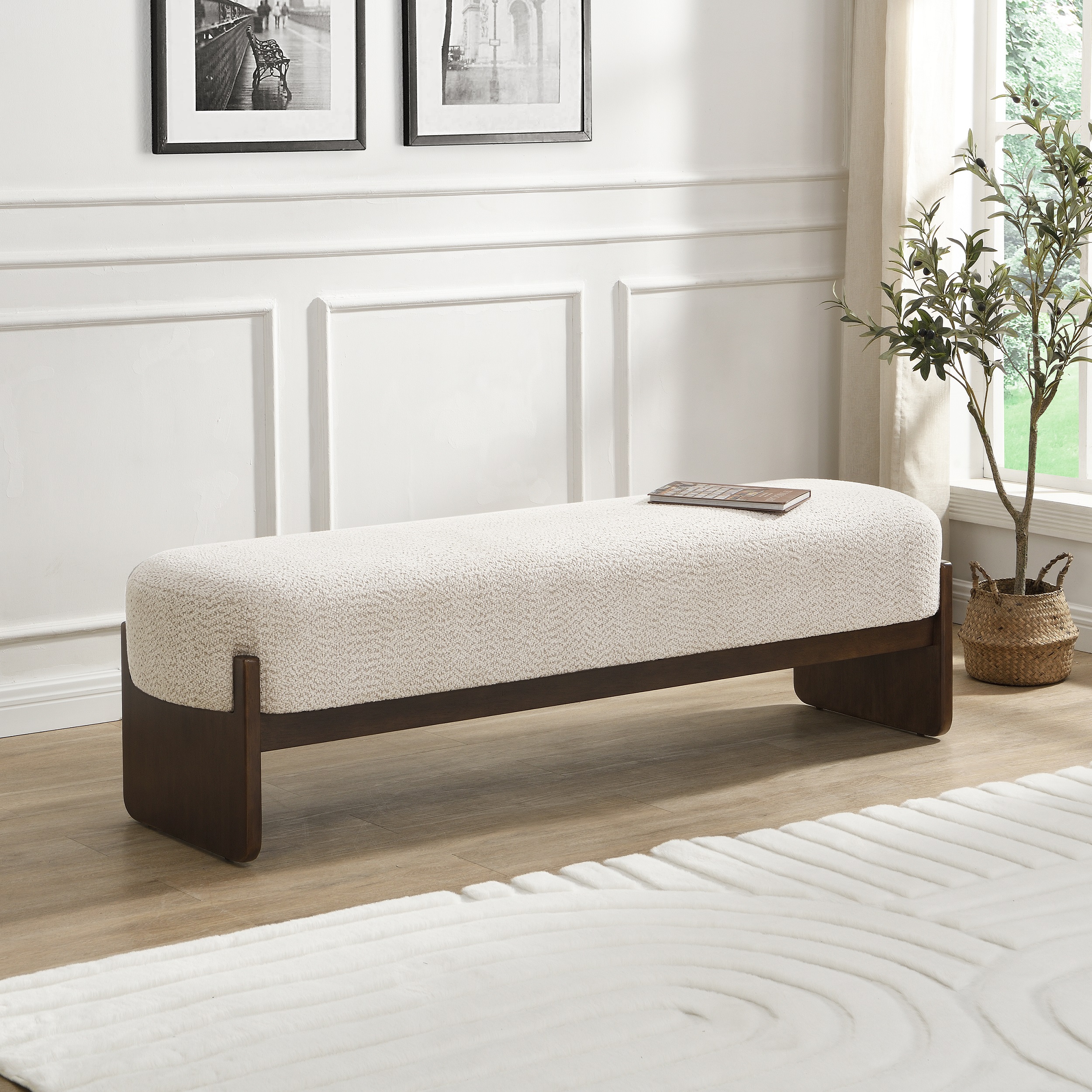 Noble House Élégant Ottoman en fil de boucle Beige, rembourrage rectangulaire en peluche avec cadre en bois technique et pieds en caoutchouc,Beige+ brun