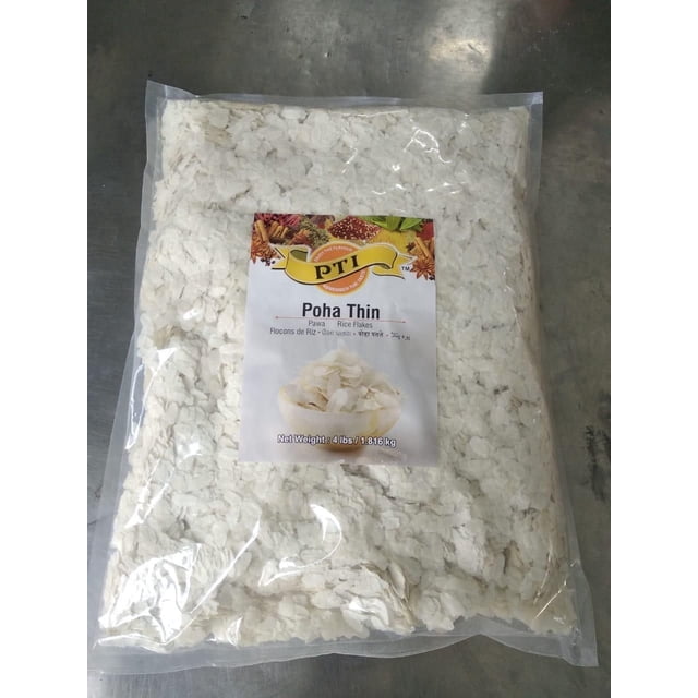 PTI Poha Thin in a clear plastic bag showing delicate white flattened rice flakes, labeled with the brand logo and product name, weighing 4 lbs (1.816 kg). These rice flakes are quick to prepare and suitable for Indian breakfast dishes and snacks.