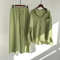 thumbnail image 1 of VEKDONE Summer Cotton Linen Sets 2 Piece Long Sleeve Button Lapel Shirts with Wide Leg Pants Solid Color Loose Fit Blouse Match Drawstring Palazzo Pants Suits, 1 of 5