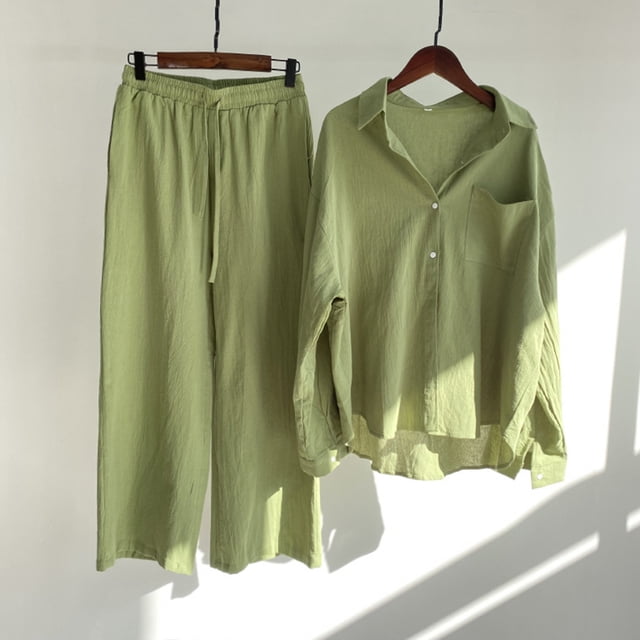 VEKDONE Summer Cotton Linen Sets 2 Piece Long Sleeve Button Lapel Shirts with Wide Leg Pants Solid Color Loose Fit Blouse Match Drawstring Palazzo Pants Suits