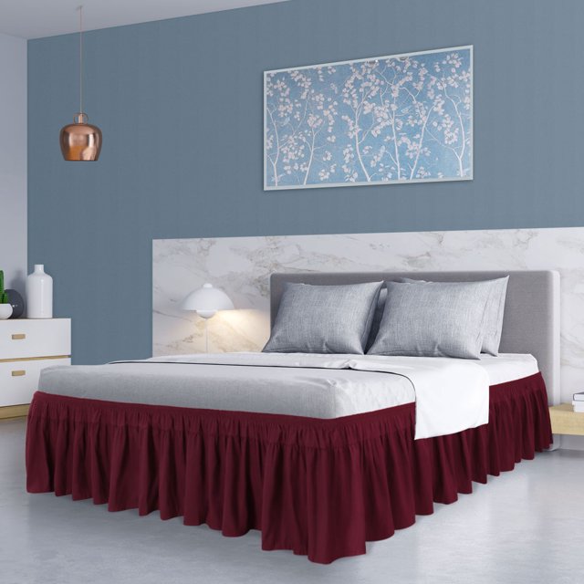 PiccoCasa Polyester Brushed Bed Skirt with Elastic Dust Ruffles 16" Drop, Queen Burgundy