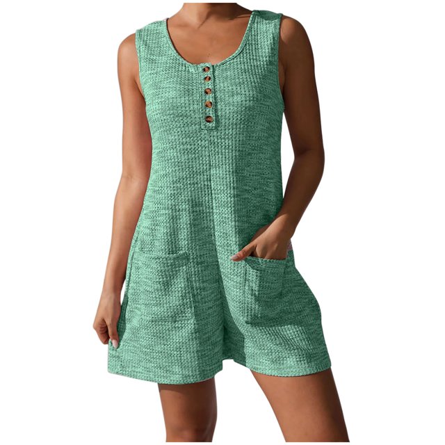 Lenpel Women's Plus Size Rompers Summer Casual Scoop Neck Quarter Button Textured Sleeveless Jumpsuits Loose Short Overalls with Pockets